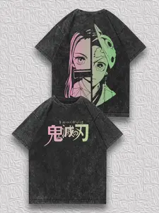 valentine shirts Men's Distressed Reversible T-Shirt - Demon Slayer Nezuko & Tanjiro Patchwork Print, Niche Vintage Street Unique Casual Top