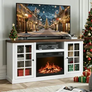 【SPOTLIGHT DAY】ONBRILL 59 Inch Fireplace TV Stand, Entertainment Center with 23 Inch Electric Fireplace, TV Table for TVs up to 65 Inches, Media Console Cabinet with Storage and Glass Doors for Living Room