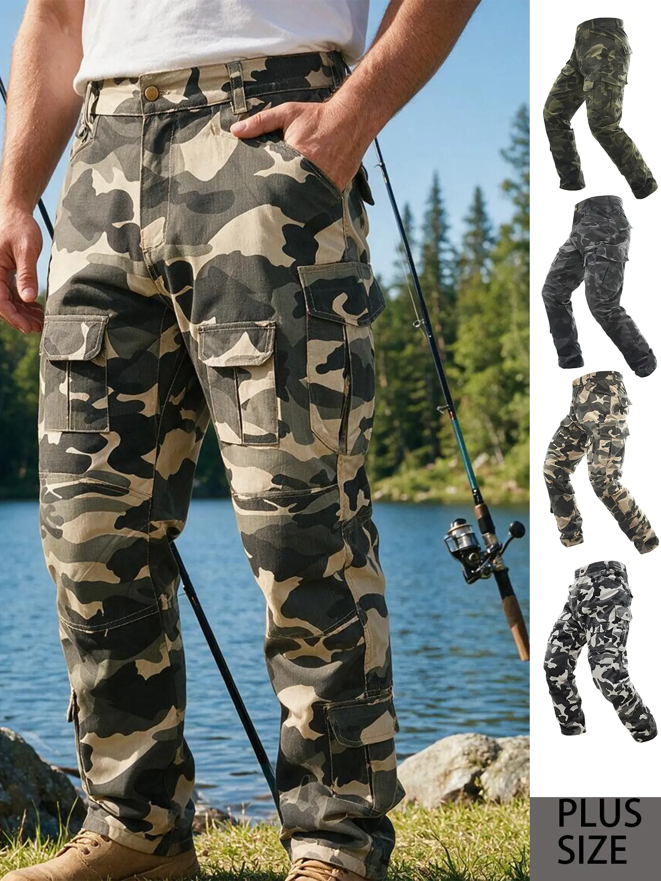 Men's Plus Size 1XL Camouflage Tactical Cargo Pants - Polyester, Buttons, All Season, Multiple Pockets, Straight-Leg Street Wear, Wear-Resistant, Machine Washable, for Hiking/Light Outdoor, 4 Camo Styles