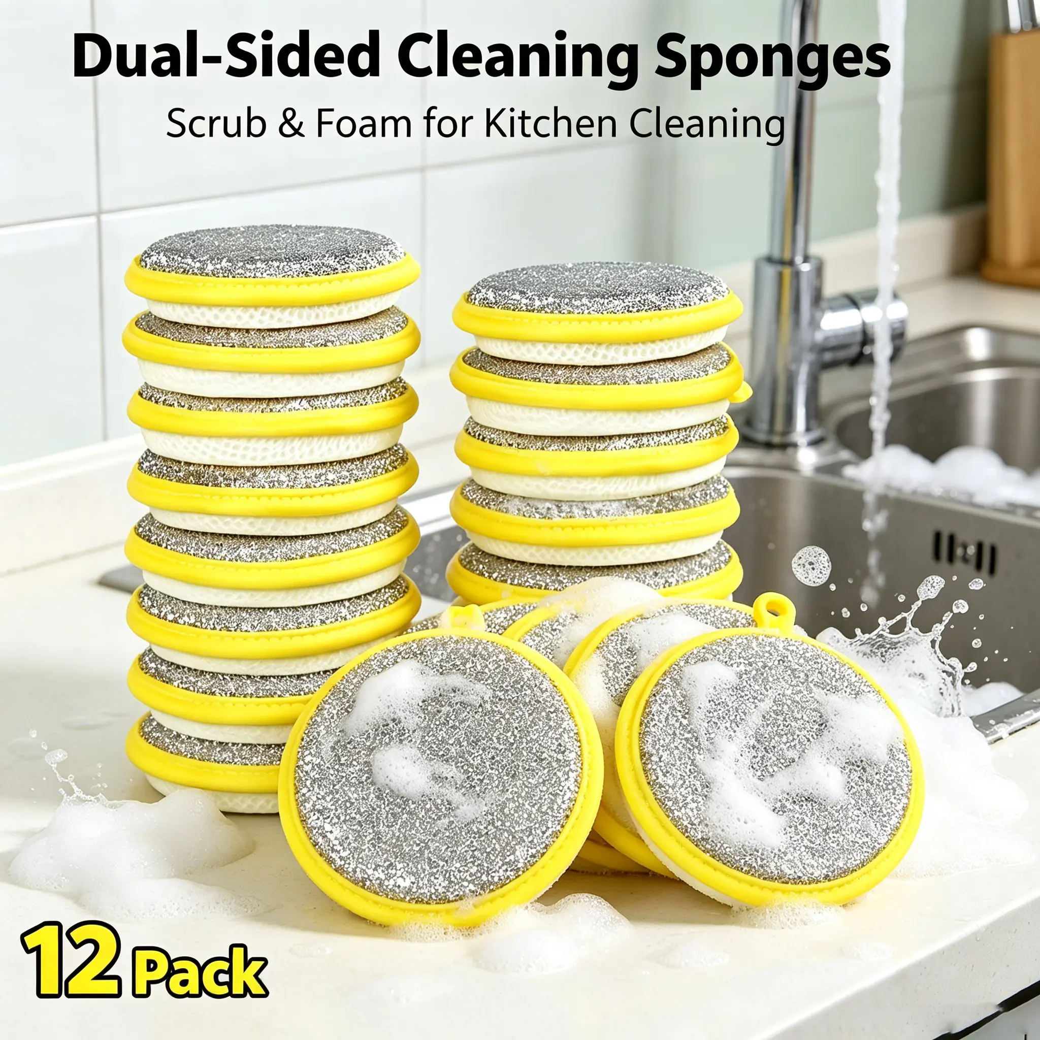 24 Pack Dual-Sided Kitchen Cleaning Sponges Non-Scratch Rich Foam Reusable Scrub Sponges with Hanging Loop for Dishes Pots Sink Bathroom Household Cleaning