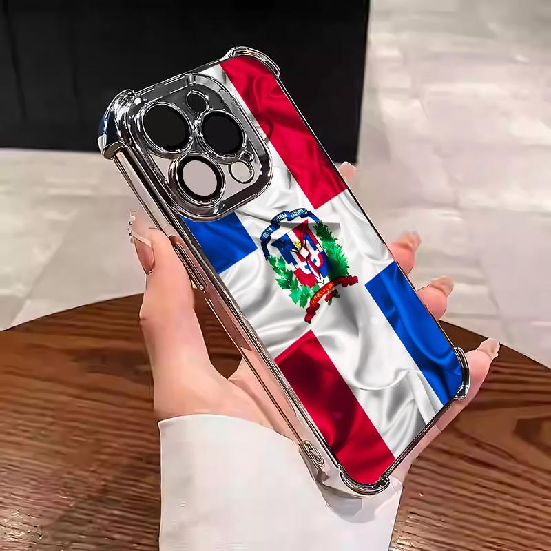 Dominican Pattern Red White Blue Creative Collage Design Suitable for Aesthetic Electroplated TPU Casing For iphone 17 16 15 14 13 12 11 X XS PRO PLUS MAX AIR Samsung S25 S24 S23 Four Corners Anti-Fall Transparent Casual Soft Silicone Phone Cases  L1804