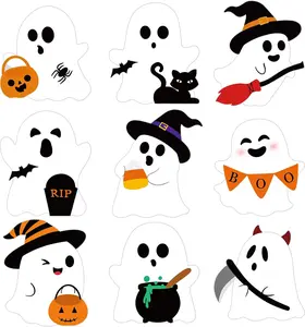 Large Ghost Cutouts Halloween Decorations Cardboard Cutout Set of 9, Spooky Halloween Cutouts Wall Decor Indoor Outdoor, Black and White Paper Cut Outs Party Decoration (Large, Ghost)