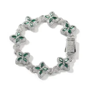 CEJEWELRY GREEN 5A Zircon Hip-hop Rap Infinite Four Leaf Clover Fashion Hand Bracelet 7-8 inch 19mm for Stylish Accessory