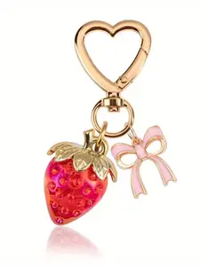 Y2K Strawberry & Bow Keychain, Heart-Shaped Key Ring with Bow, Cute Bag Charm for Women, Playful Fashion Accessory, Keychain For Bags, Fashionable Alloy Keychain
