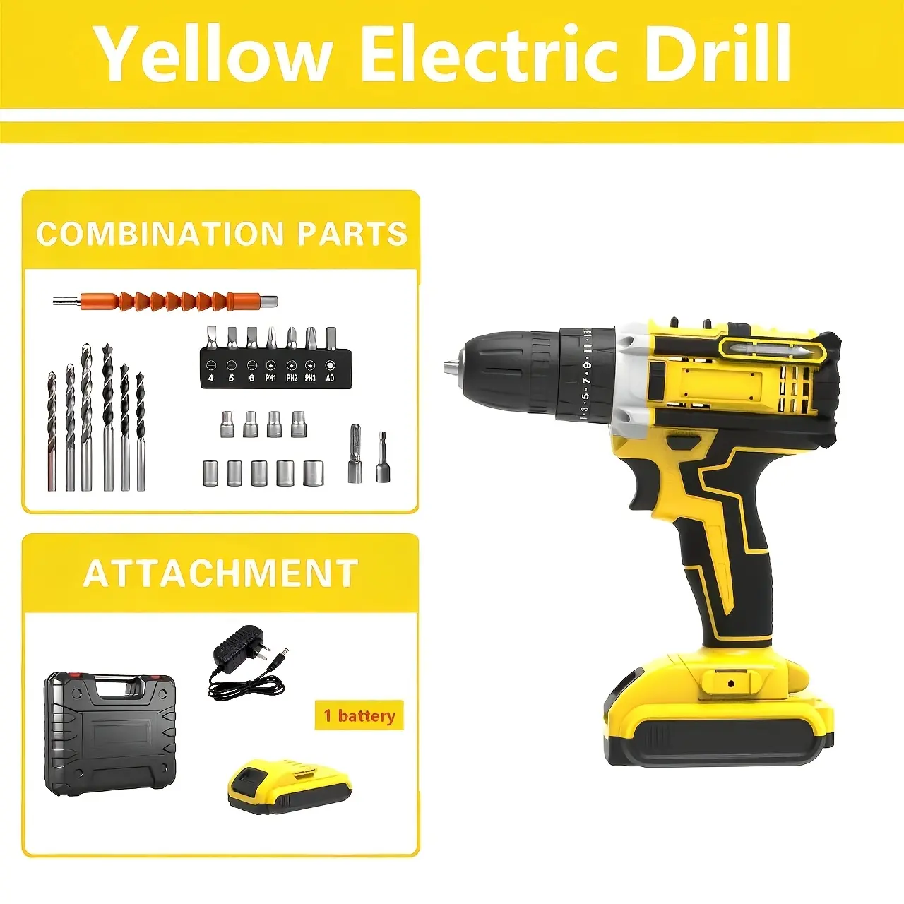 21V Cordless Impact Drill Kit With 18 Plus 1 Torque Settings 45Nm Max Torque Built In LED Light, 2-Speed Settings, Rechargeable Battery And Fast Charger Ideal For Home Renovation Woodworking Furniture Assembly Metal Drilling