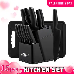Knife Set, 15 Piece Kitchen Knife Set with Block Self Sharpening, Stainless Steel Dishwasher Safe, Anti-slip Handle, White 15Pcs-Black Complete Kitchen Knife Set with Sharpener