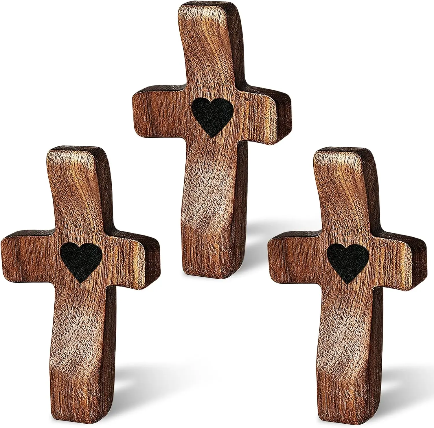 3Pcs Smooth Palm & Walnut Wooden Cross Decorations - Compact Home Hanging Decor, Stress Relief Fidget Essential, Heart Center Prayer Aid, Religious Altar Ornament, Christmas Gift