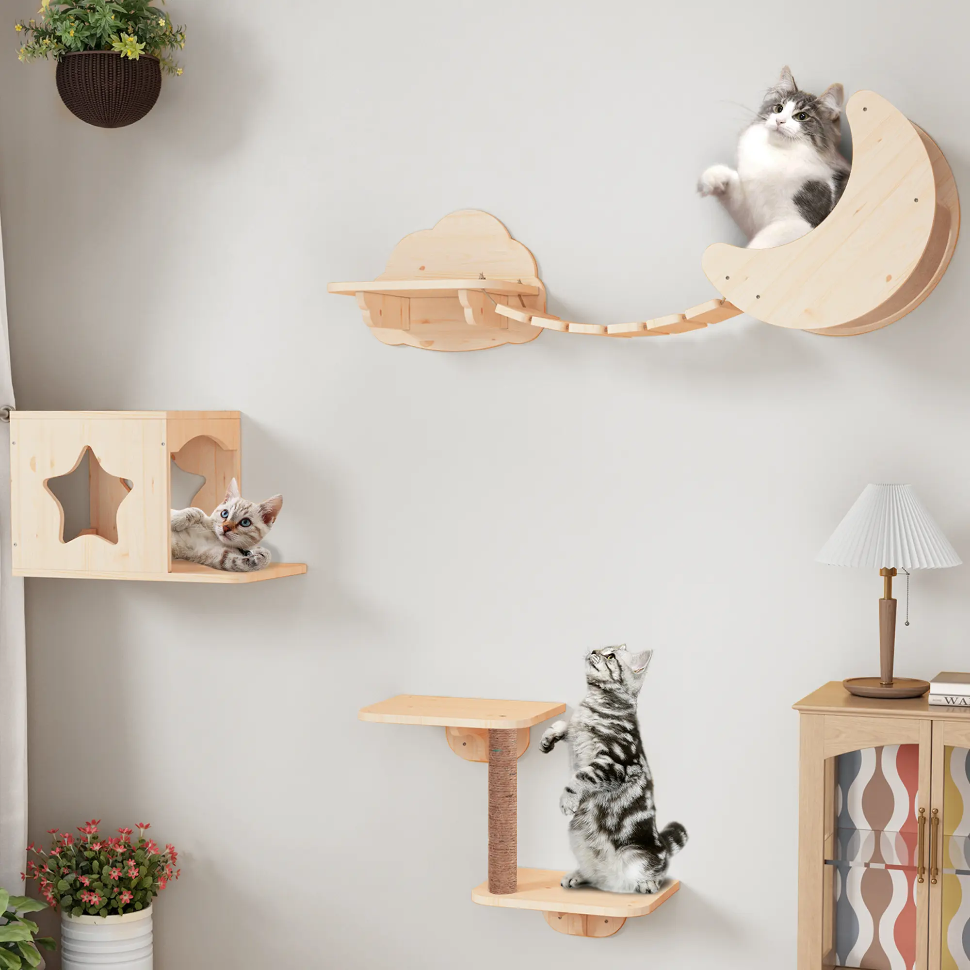 Cat Wall Perch, Wall Mounted Cat Hammock, Cat Shelves Wall Mounted, Wood Cloud Cat Bed with Breathable Fabric Cushion and Teaser Toy, 40 lb Max Load for Indoor Cats and Kittens, Bedroom Living Room Apartment, Space Saving Rest