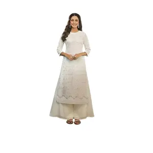KUPL-3 Intricate Embroidered White Silk Kurti & Flowing Skirt Set - Breathable Soft Blend for Casual & Formal Wear, Elegant Embroidery, Versatile Design