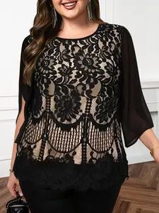 2025 New Women's Lace Patchwork Chiffon Sleeve Fashionable and Elegant Round Neck Top