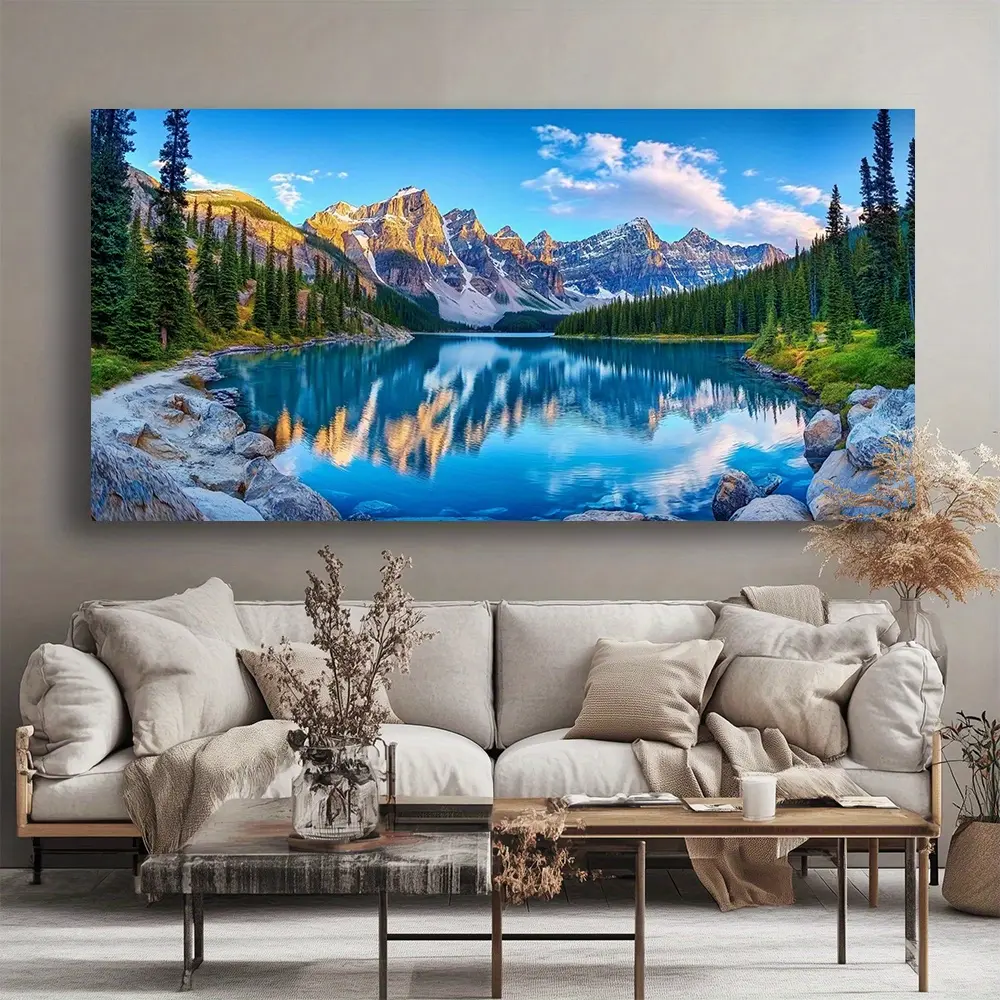 High-Quality Ready-to-Hang Pine Wood Framed Canvas Wall Art Print - Snow-Covered Mountain Lake Forest Landscape, Decorative Aesthetic Wall Decor for Living Room, Bedroom (Check Size Carefully), Hangable, With Frame