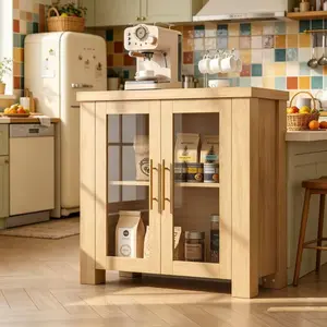 LH-Garvee Buffet Cabinet with Storage, 31.5" Sideboard Credenza with Tempered Glass Doors, Anti-tipping Design, Space Saving Storage Cabinet Ideal for Apartments Dorms and Small Home Wood Buffet Table for Living Room, Dining Room, Kitchen, Natural Wood