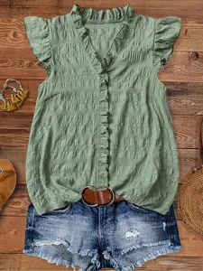 Elegant Casual Loose-Fitting Shirt Blouse for Women, Spring & Fall Fashion, Pure Color V-Neck Sleeveless Top, New Arrival