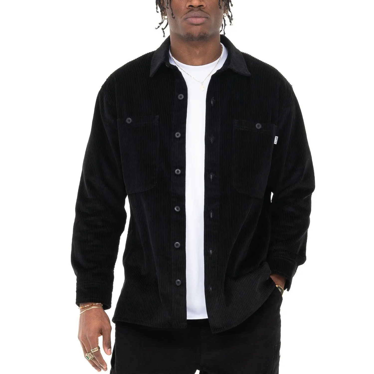 Pro Club Men's Heavyweight Corduroy Overshirt, Casual Long Sleeve Button-Up with Relaxed Fit and Logo Patch