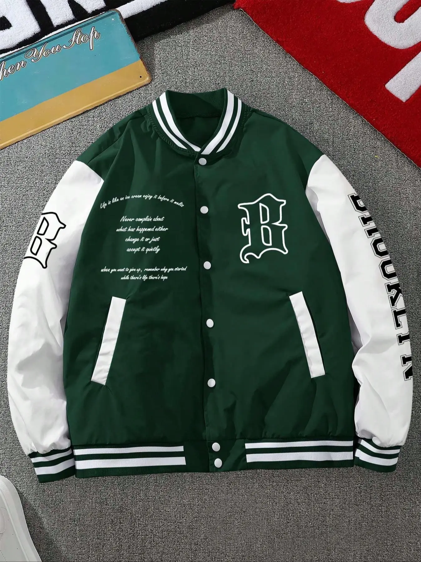 Men's Letter Graphic  Color Block Varsity College Style Casual Fitted Jacket Long Sleeve Y2k Streetwear Baseball Jacket Coats Hoodie not included