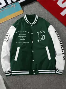 Men's Letter Graphic  Color Block Varsity College Style Jacket Long Sleeve Y2k Streetwear Baseball Jacket Hoodie not included