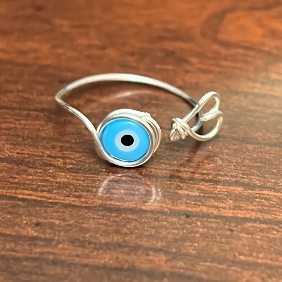 Wire Ring Baby Blue Evil Eye Glass Bead with Heart