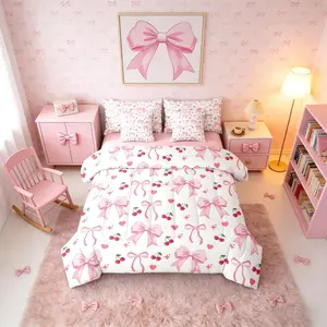 Cherry Bowknot Women Girly Pink 7 Piece Bedding Set,Bow Love Hearts Comforter Bed Set with Sheets,Ribbon Coquette Bed Bag,Ribbon Coquette Bed Set