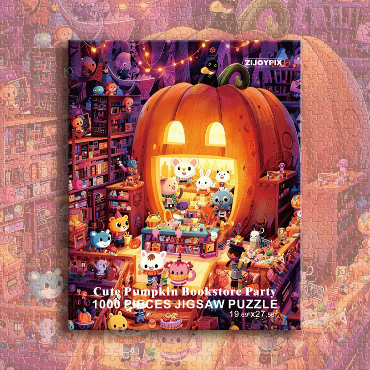 1000 Piece Jigsaw Puzzle for Adults (13 Years Above), 27.5" x 19.7" 100% Original Designs, 100% Recyclable High-Grade Blue Board, Challenging Family Game Night Gift with Poster, Pumpkin Bookstore Theme House Decoration