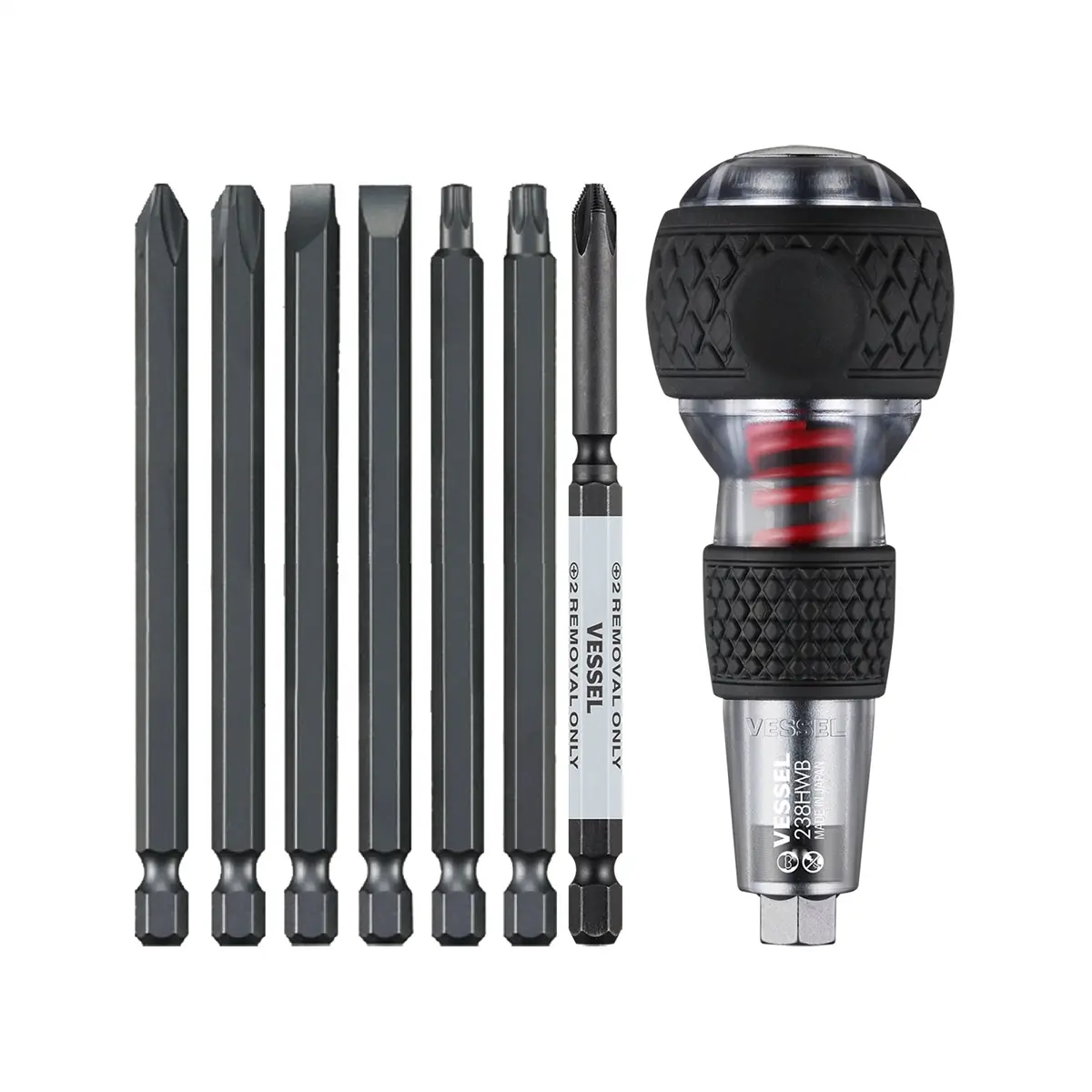 212 MAIN Vessel Tools VES238HWB7PU 7-Piece High-Torque Impact & Out Screwdriver Bit Set, Hex Bolster, Reverse Rotation, Black Handle, End Cap, Wedge Blades, High-Torque Screwdriver Sets