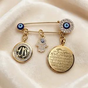 Light luxury wind evil eye amulet brooch safety pin Arabic scripture/Fatima's hand religious accessory Arabic scripture religious theme accessory