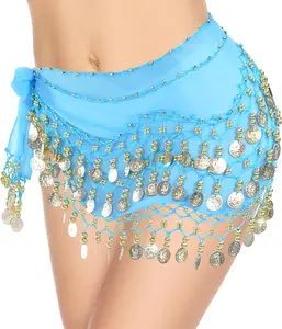 Belly Dance Hip Scarf, Exquisite Bellydance Skirt with Gold Coins Skirts Wrap for Halloween Dance Performances, Parties, Yoga Belly Dancing(Lake Blue)