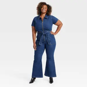 Women's Short Sleeve Denim Jumpsuit - Ava & Viv Dark Wash 30