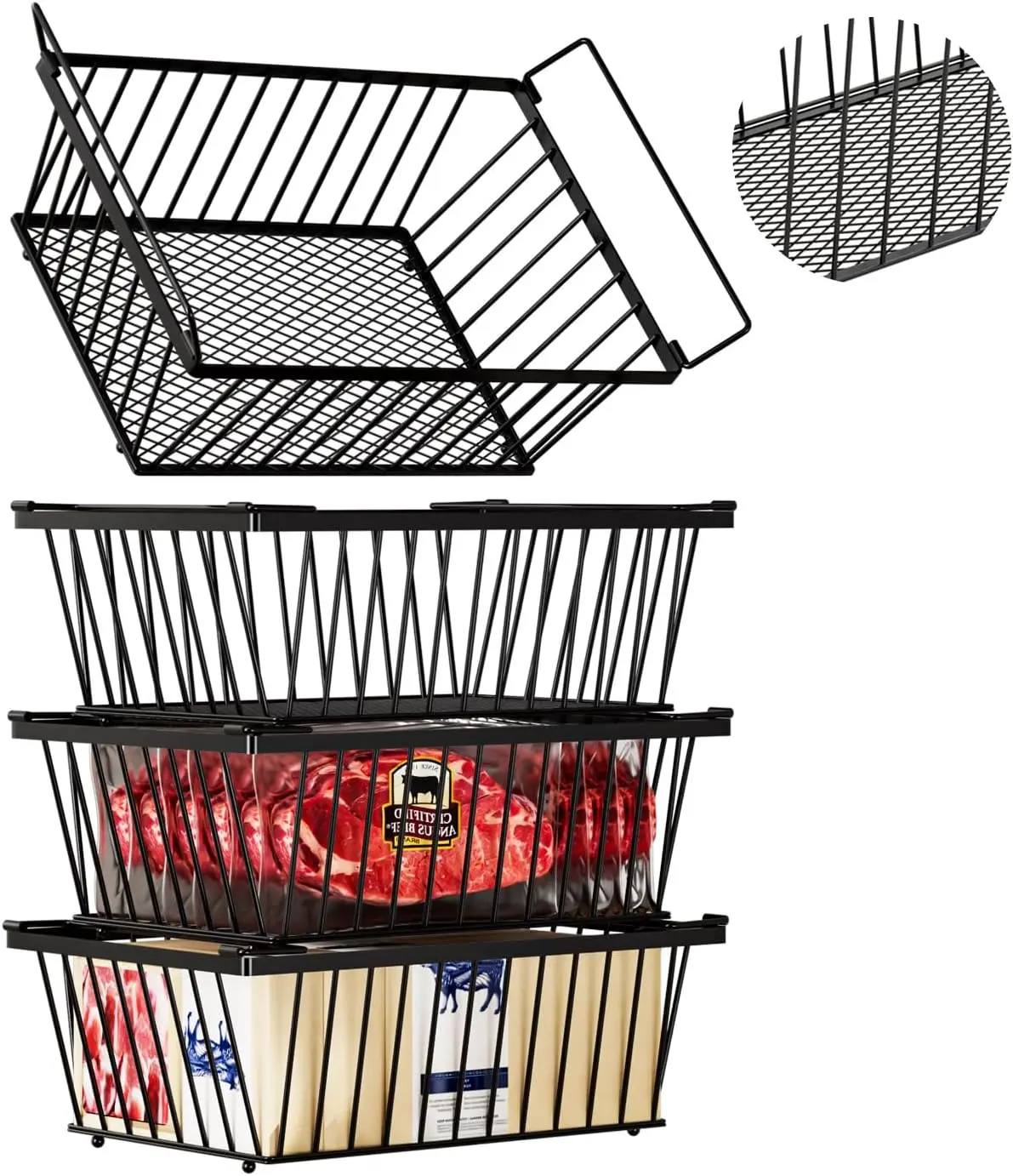Enhanced Leak-Proof Bottom, Freezer Organizer Bins for 5 Cu.Ft,4 Pack | Stackable Chest Freezer Organizer Bins, Baskets with Handles, Leak-proof Wire Storage Container Baskets for Sort Frozen Meats