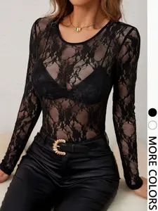 Sexy Transparent Long Sleeve Lace Top, Round Neck Sheer Fit, Elegant Floral Pattern, Slim-Fitting for All Seasons, Feminine Top, Womenswear, Lady