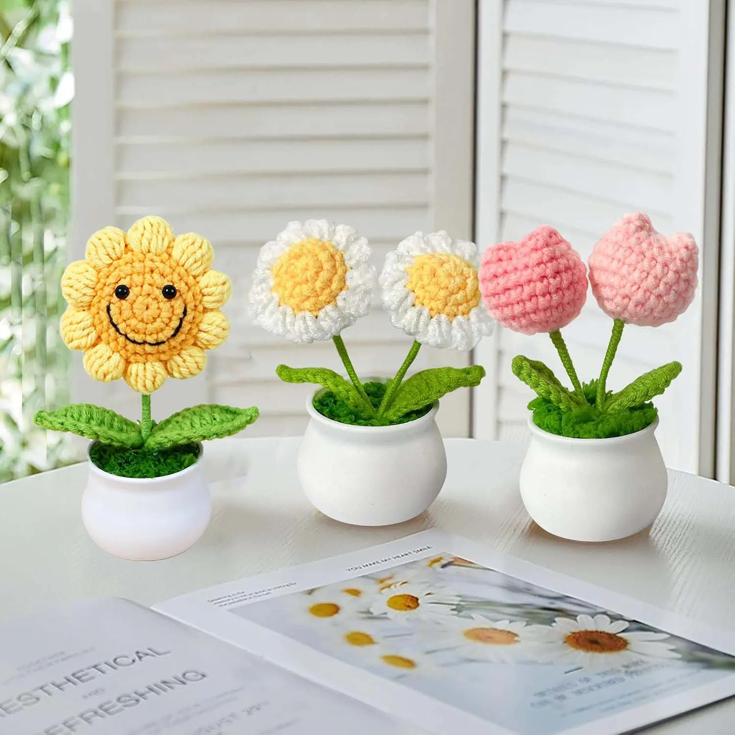 3 Pack Mini Crochet Potted Flowers Set, Hand Knitted Tulip Sunflower Daisy Fake Plants with Durable Plastic Pots, Cute Small Knitted Flower Decor for Car Dashboard, Office Desk, Bedroom, Gift for Women Kids