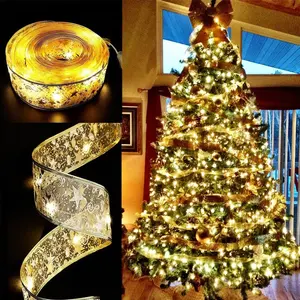 32ft Gold Ribbon String Lights 100 LED Copper Wire Ribbon Bows Lights for Party Weddings Holiday Christmas Tree Decorations Bows Battery Powered for Christmas Tree Party Wedding Holiday Decor