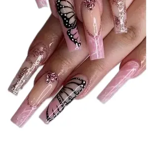 Elegant Pink Butterfly Nail Art with Glitter and Rhinestones for a Chic Look