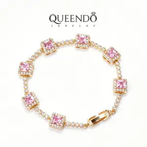 QUEENDO Classic Square Cut 5A Zircon Bracelets, Real Gold Plated Elegant Bracelet for Dates, Birthdays & Special Occasions
