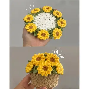 Handmade Crochet Flower Coaster Set with Cart Basket Holder, Sunflower Lily Rose Floral Cup Mug Coasters, Housewarming Gift