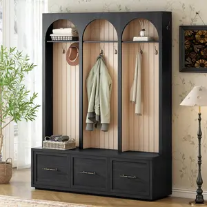 Hall Tree with Arched Design, Elegant 59" Wide Entryway Bench with 8 Retro Hooks, Rustic Coat Rack & Shoe Organizer with 3 Drawers for Mudroom, Living Room,  74.8"H