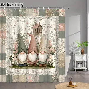 Farmhouse Cottage Gnome Shower Curtain with Vintage Floral Patchwork & 3 Gnomes - Cottagecore Bathroom Window Curtain, Machine Washable with 12 Hooks 72 x 72 Inch, Rustic Décor for bathtub/Shower Enclosure