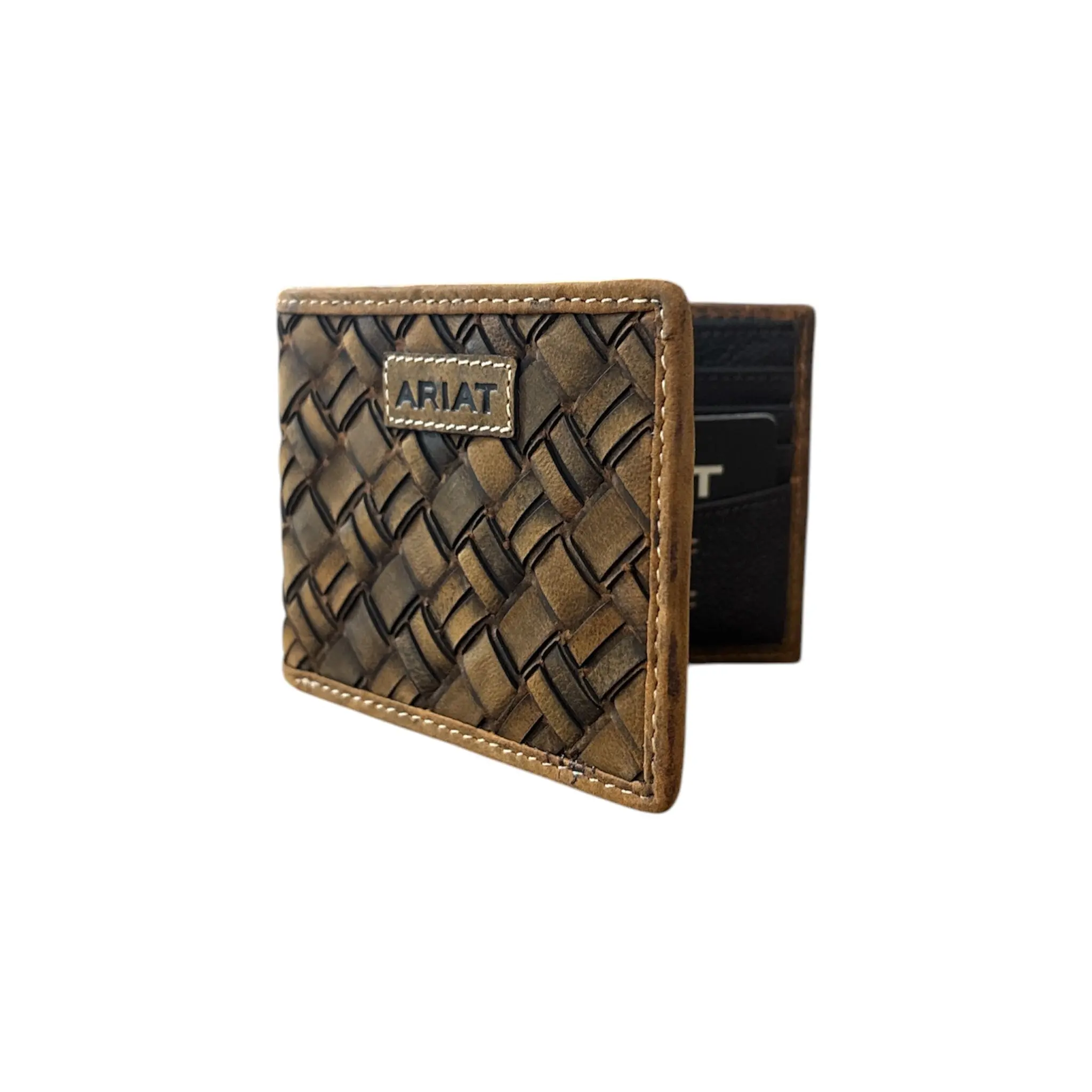 Ariat Men’s Classic Western Genuine Leather Durable Bifold Wallet - Woven Basket Weave Design, Compact Casual Wallet, Mens Accessory, Genuine Leather Wallets