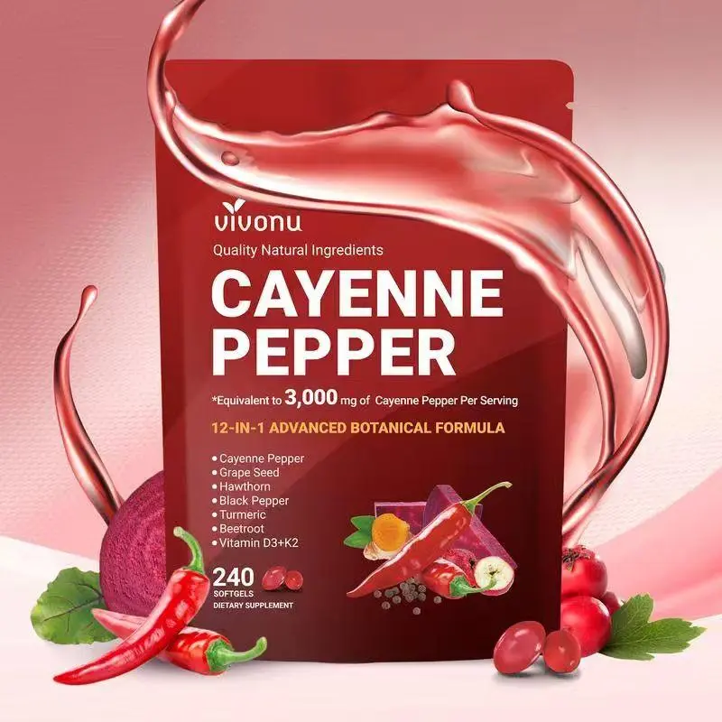 Cayenne Pepper Softgels Supplement, Supports Leg Vein,Heart and Blood Vessel Health, with Vitamin E D3+K2 andExtracts of Grape Seed, Hawthorn, Beetroot and Others (240Softge /1 Bag)