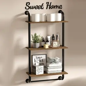 Shelves Wall Mounted, 3-Tier Rustic Wood Wall Shelf, 17.3 inch Industrial Pipe Floating Shelf for,,Bedroom,Living Room,Brown