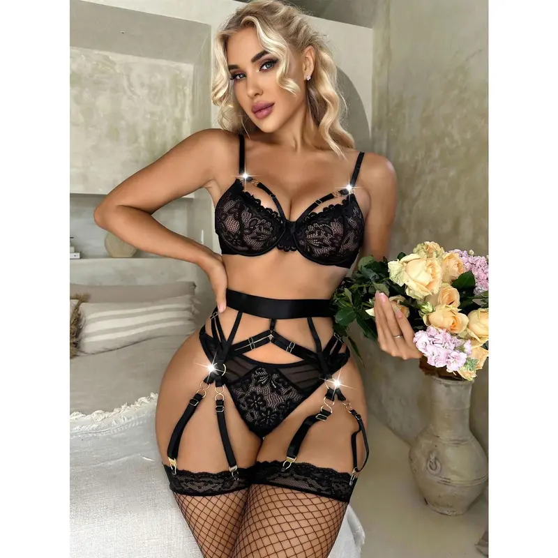 Women's Figure-Fitting Floral Lace Lingerie Set - Breathable Fabric, Underwire Support, Adjustable Garter, Seamless Stockings, Antislip Top Band