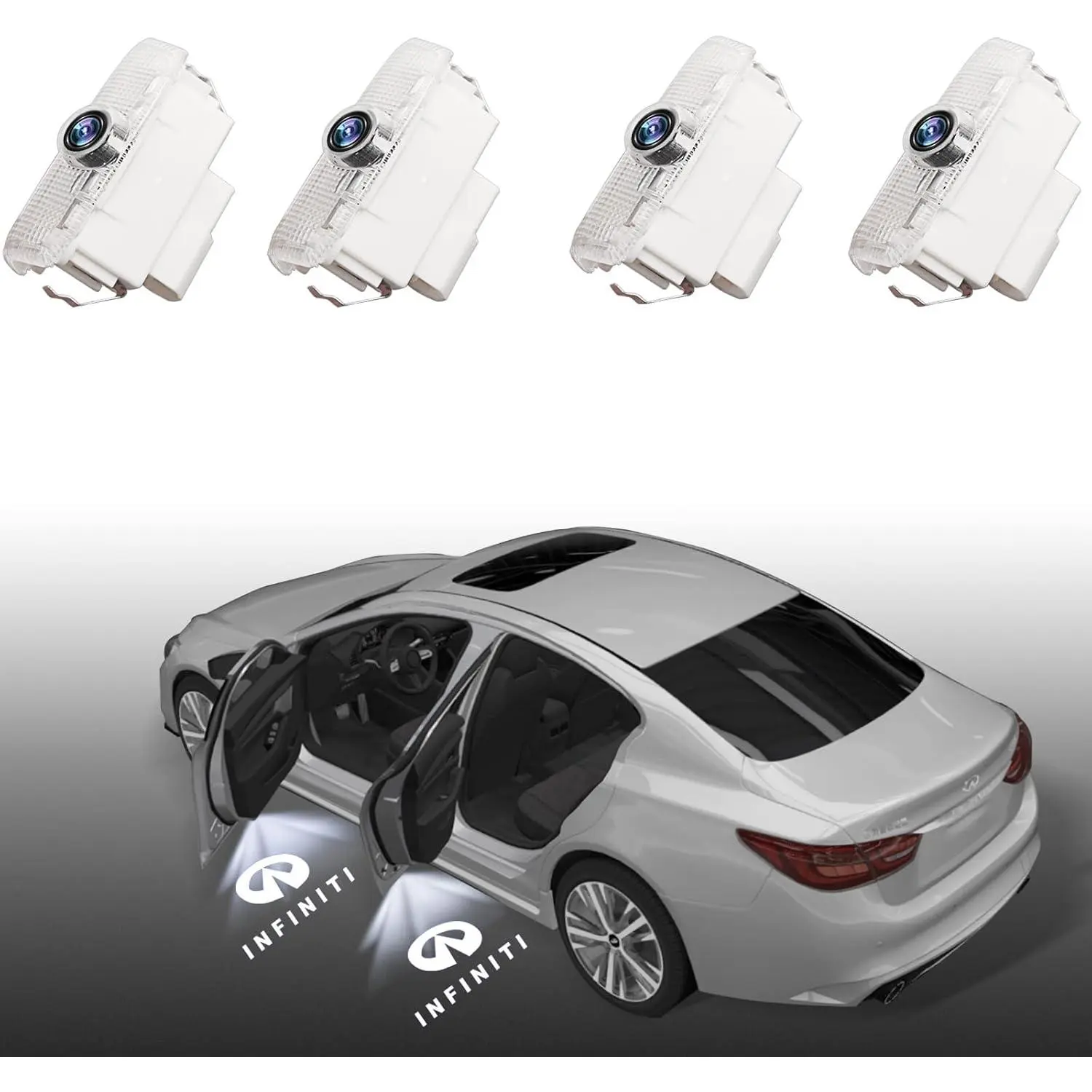 4 count No Fade  Door Light Logo Compatible for Infiniti,  Ultra-Bright Projector Lights for Partial QX50/56/60/70/80, Q50/60/70, G25/37, M25/35/37, FX37/50, EX25/35/37 (White)