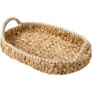 Riverrun 17" Woven Decorative Serving Tray – Large Natural Water Hyacinth Basket w/Wood-Bead Trim & Handles for Coffee Table Décor, Ottomans, Centerpieces & Kitchen Counter Display