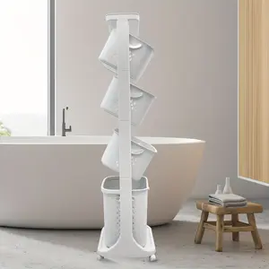 4-Tier Laundry Basket Rolling Car Removable Storage Bucket Plastic Basket with 4 One Wheels White, Laundry Basket