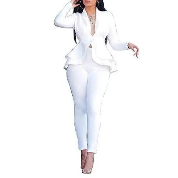 Salimdy Sexy 2 Piece Outfits for Women Long Sleeve Solid Blazer with Pants Casual Elegant Business Suit Sets White XL