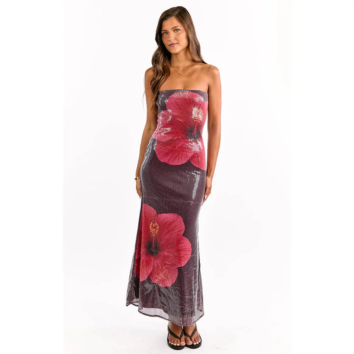 Arizona Hibiscus Wine Sequin Maxi Dress