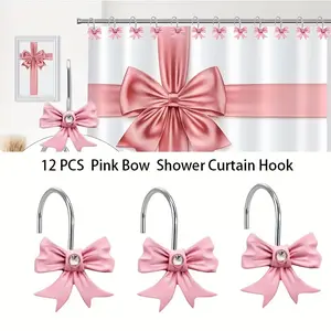 [12pcs Bow-Shaped Accessories] 12pcs Pink Series Bow-Shaped Metal Resin Exquisite Bathroom Accessories With Rhinestones, Decorative Items For Living Room, Bedroom, Kitchen, Including Decorative Curtain Hooks