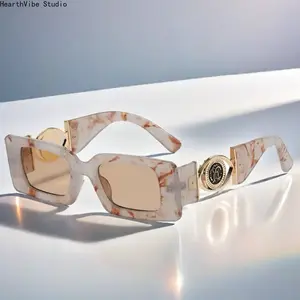 Hip Hop Trendy Square Sunglasses for Men & Women - Engraved Metal Frame Y2K Punk Shades, UV Protection Streetwear Eyewear (Summer Vibes)