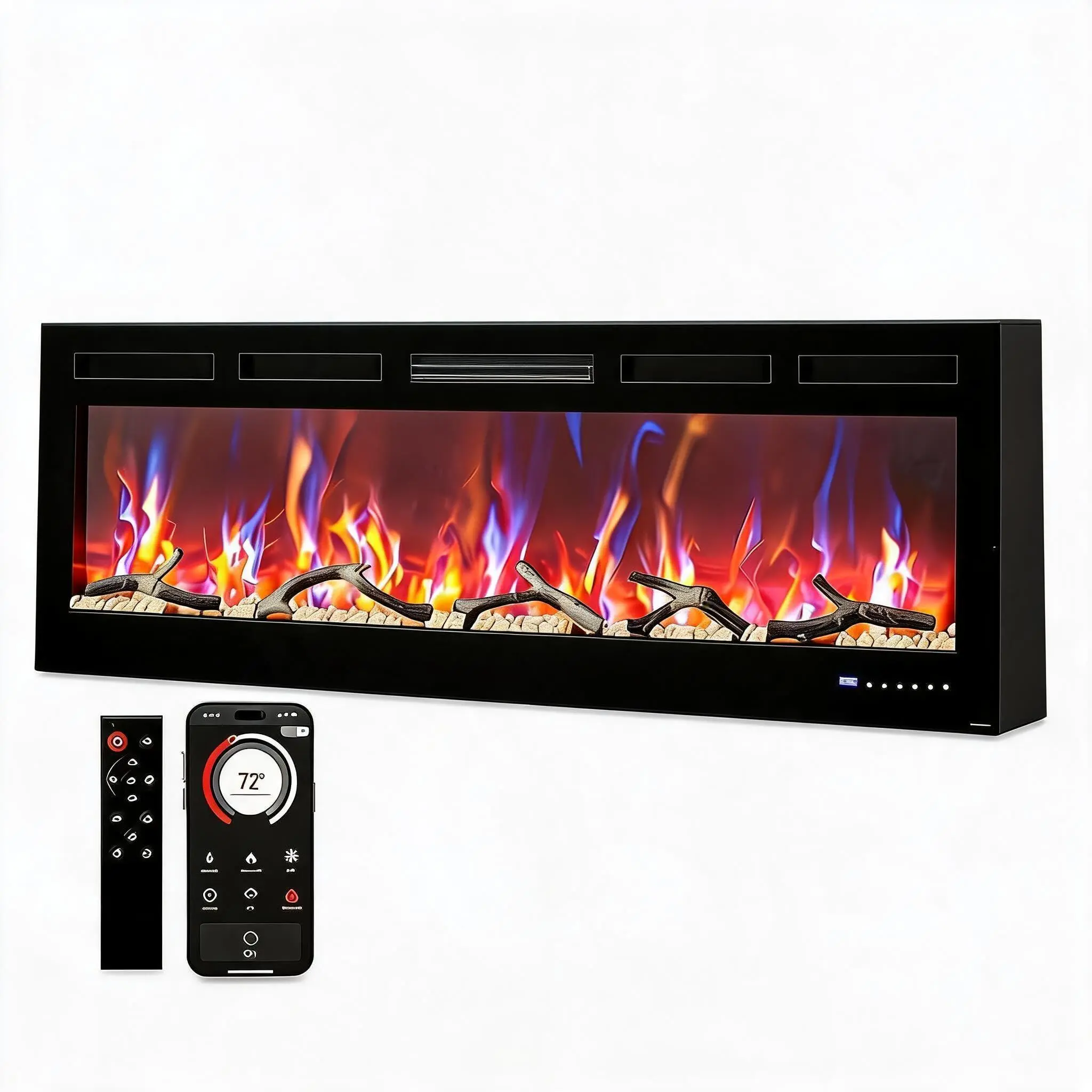72 Inch Smart WiFi Wall Recessed Electric Fireplace with Alexa Voice Control Dual 750W 1500W Heating Lifelike Adjustable Flame Remote and App Operated, Black Iron and Tempered Glass