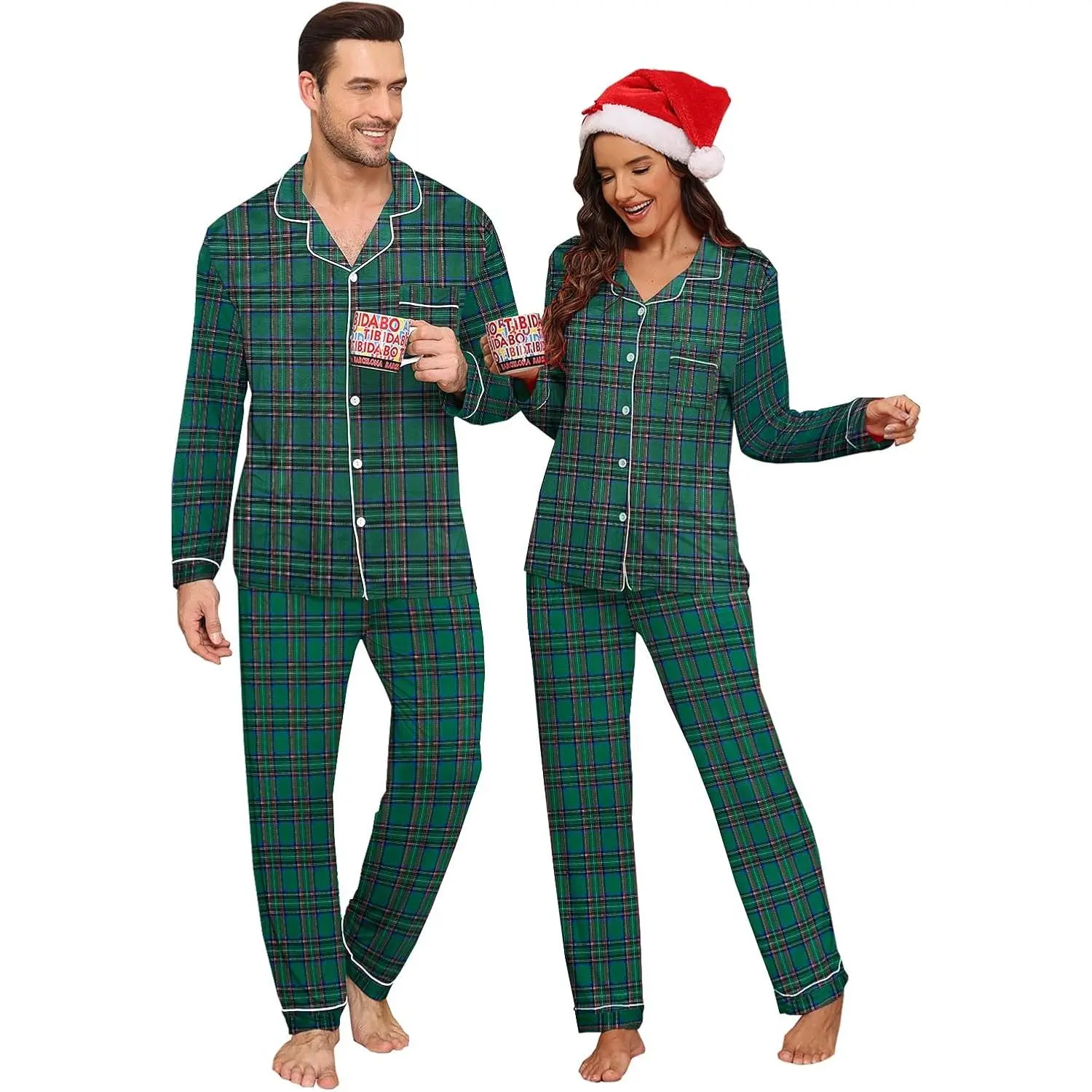 Couples Matching Pajama Set in Soft Modal Fabric, Classic Green Check 2-Piece Loungewear for Men and Women, Long Sleeve Button-Down Christmas Festival Nightwear