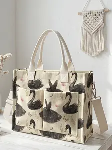 Swan Print Travel Bag, Large Capacity Storage Bag, Durable Multi-Pocket Design, Ideal for Work, Shopping, Picnic